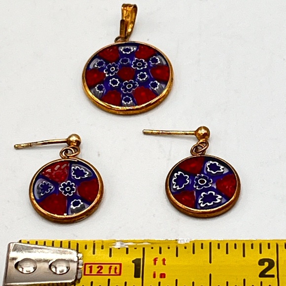 Murano Glass Millefiori Set Pendant & Earrings Pierced 24kt Gold Italy Red Blue - Picture 5 of 12